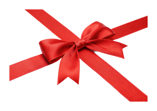 Red gift bow with satin ribbon in cross pattern