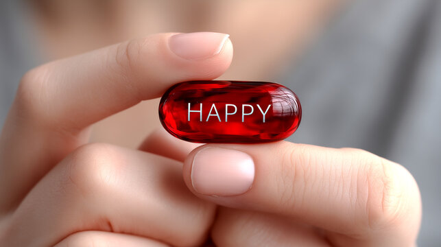 Digital Concept of Happiness – Clean Red Pill with White Text – Generative AI - Powered by Adobe