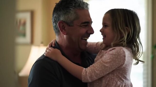 A father letting his daughter ride on his feet while they dance in the living room