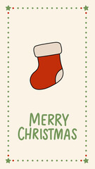 Cute vector illustration of a Christmas stocking with hand drawn text and festive border. Perfect for holiday greeting cards, gift tags, or seasonal decorations