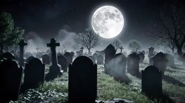 A spooky graveyard scene at night, illuminated by a bright full moon, with tombstones and trees shrouded in mist.