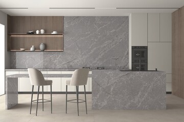 Stylish kitchen interior with gray glossy tiles walls, concrete floor and marble bar with stools, double ovens, gray quartz countertop. 3D Rendering. 3D Illustrations