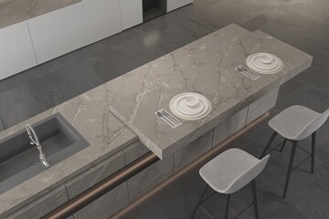 Interior of stylish kitchen with concrete floor and marble bar with stools, grey marble kitchen countertop, black shelfs, window wall. 3D Rendering