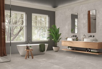 Gray bathroom interior with double white basins and ceramic bathtub on white marble texture floor. Modern bathing area with decoration. 3D Illustration. High Resolution. 3D Rendering