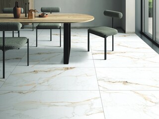 Bright spacious dining room with elegant ceramic table and green comfy chairs, beige glossy marble flooring. Mockup. 3D Illustration. 3D Rendering