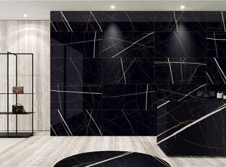 Stylish clothes with shoes and accessories in boutique, marble flooring and black and white patterned marble walls. Mockup, fashionable clothes and purse. 3D Illustrations. Mockup. 3D Rendering