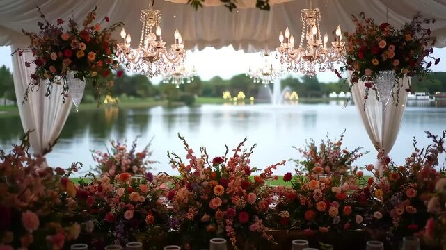 Elegant floral arrangements and chandeliers adorn a lakeside tent