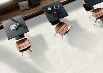 Cafe shop interior design Minimalist Loft, Counter concrete, three table and chairs, Frame mockup on brick wall, grey Marble floor. 3D Rendering