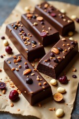 Flat Lay of Artisan Chocolate Bar with Berries and Nuts – Gourmet Dessert Layout