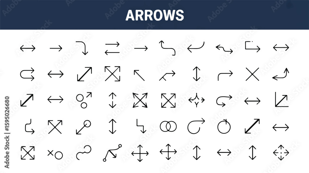 Poster a collection of 50 minimalist arrow and directional line icons arranged in a grid format against a w