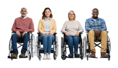 Diverse group of adults in wheelchairs smiling inclusively