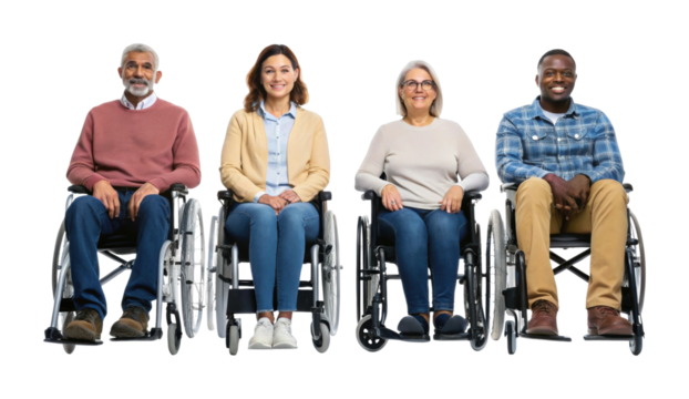 Diverse group of adults in wheelchairs smiling inclusively