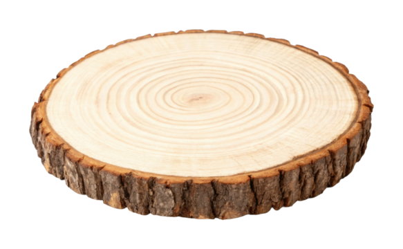 Round tree trunk slice with natural wood rings and bark texture