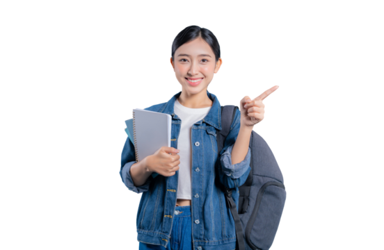 A friendly young Asian student holding notebooks and pointing to the side to show or recommend something.on png
