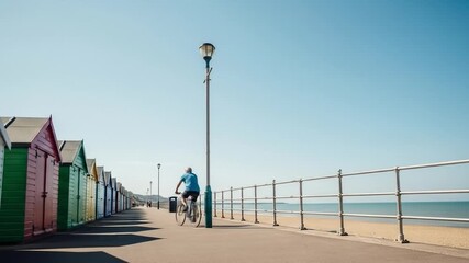 Senior Man Cycling Along Seaside Promenade on Sunny Day