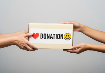 Hands exchanging a donation box with a heart and smiley face, symbolizing charity, community support, and generous giving