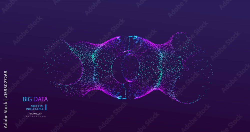 Poster a.i. technology particles banner. dots explosion ai big data neon round background. artificial intel