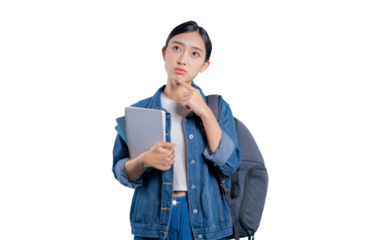 A young Asian student with a confused expression, touching her temple as she tries to remember or solve a difficult problem.on png 
