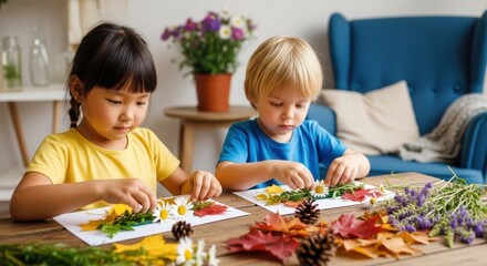 Diverse young children creating autumn leaf crafts with flowers and pinecones, symbolizing creative play, seasonal activities, and childhood learning.