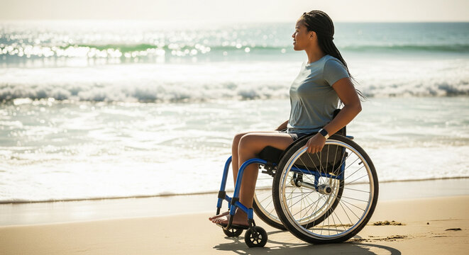 Joyful African American woman with braids in a wheelchair on a sunny beach, symbolizing accessibility, freedom, and enjoyment of nature.