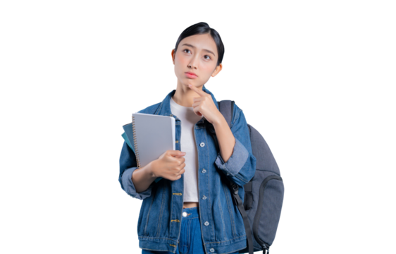 A young Asian student with a confused expression, touching her temple as she tries to remember or solve a difficult problem.on png 
