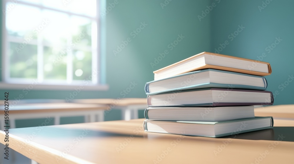 Poster sunlight streaming through window illuminating stack of colorful textbooks on desk in empty classroo