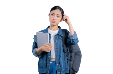 A young Asian student with a confused expression, touching her temple as she tries to remember or solve a difficult problem.on png 

