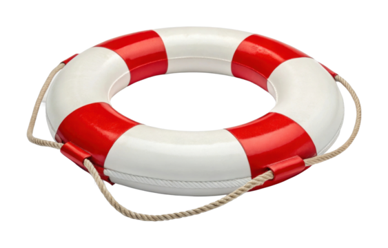 Red and white lifebuoy with rope for water safety