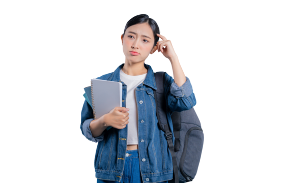 A young Asian student with a confused expression, touching her temple as she tries to remember or solve a difficult problem.on png 
