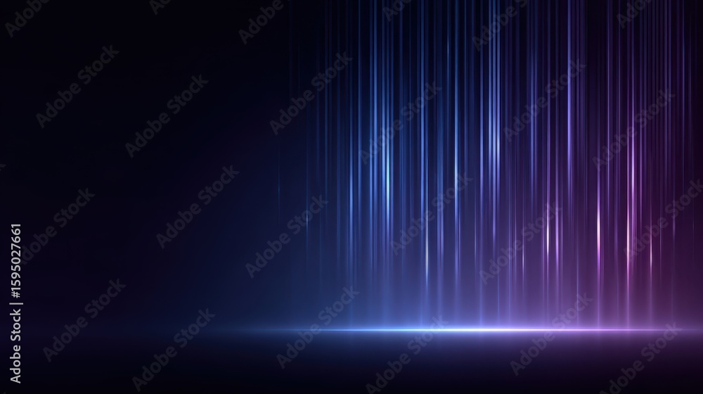 Poster blue and purple gradient tech background with futuristic binary code patterns and light streaks.