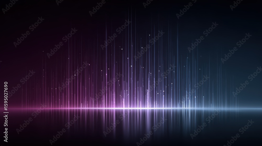Poster blue and purple gradient tech background with futuristic binary code patterns and light streaks.