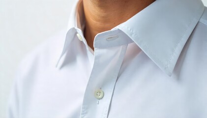 A close-up shot of a crisp, white collared shirt, freshly ironed and ready to be worn, symbolizing professionalism and a new hire , prepared, white, employment