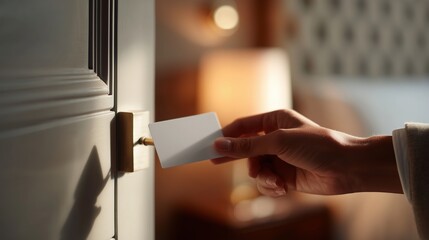 Hand inserting key card into hotel room door during evening check-in process