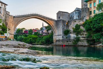 Fototapeta premium View of Mostar's Old Town with it's iconic Stari Most (Old Bridge) and River Neretva in Bosnia-Herzegovina