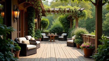 Wooden Deck with Wicker Furniture and Lush Greenery in a Garden Setting