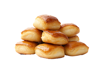 Freshly made mini croissants stacked together, isolated on clean transparent 
