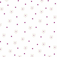 Seamless pattern with doodle flowers and small dots, isolated on white. vector illustration.