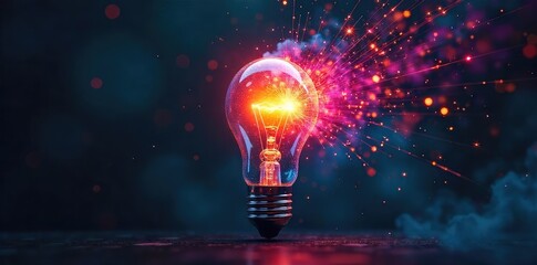 A lightbulb bursts with vibrant, colorful light rays, symbolizing innovation and creative breakthroughs Perfect for concepts of inspiration, ingenuity, and problem-solving , illumination, glowing