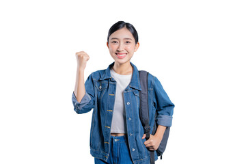 A happy young Asian student celebrating success with a fist pump, looking confidently at the camera with a joyful smile.on png 