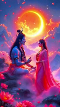 Lord Shiva and Goddess Parvati in serene embrace, Holding Hands. Divine couple, celestial romance, spiritual harmony. Hindu religion, beautiful. Indian god in love. Crescent moon background on hills. 