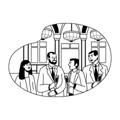 Team attending a corporate event, glyph illustration 
