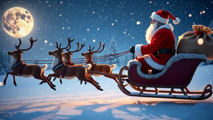 Santa Claus delivers gifts on a snowy night with four reindeer under a bright full moon - Powered by Adobe