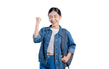A happy young Asian student celebrating success with a fist pump, looking confidently at the camera with a joyful smile.on png 