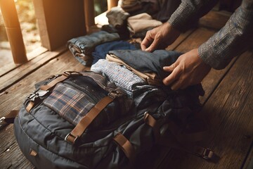 realistic photograph of hands packing backpack for camping,