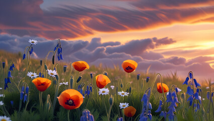 White flowers with realistic blurred spring background in soft pastel outdoor setting
