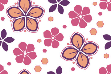 Fototapeta premium Floral pattern with geometric elements in pink purple and orange flowers