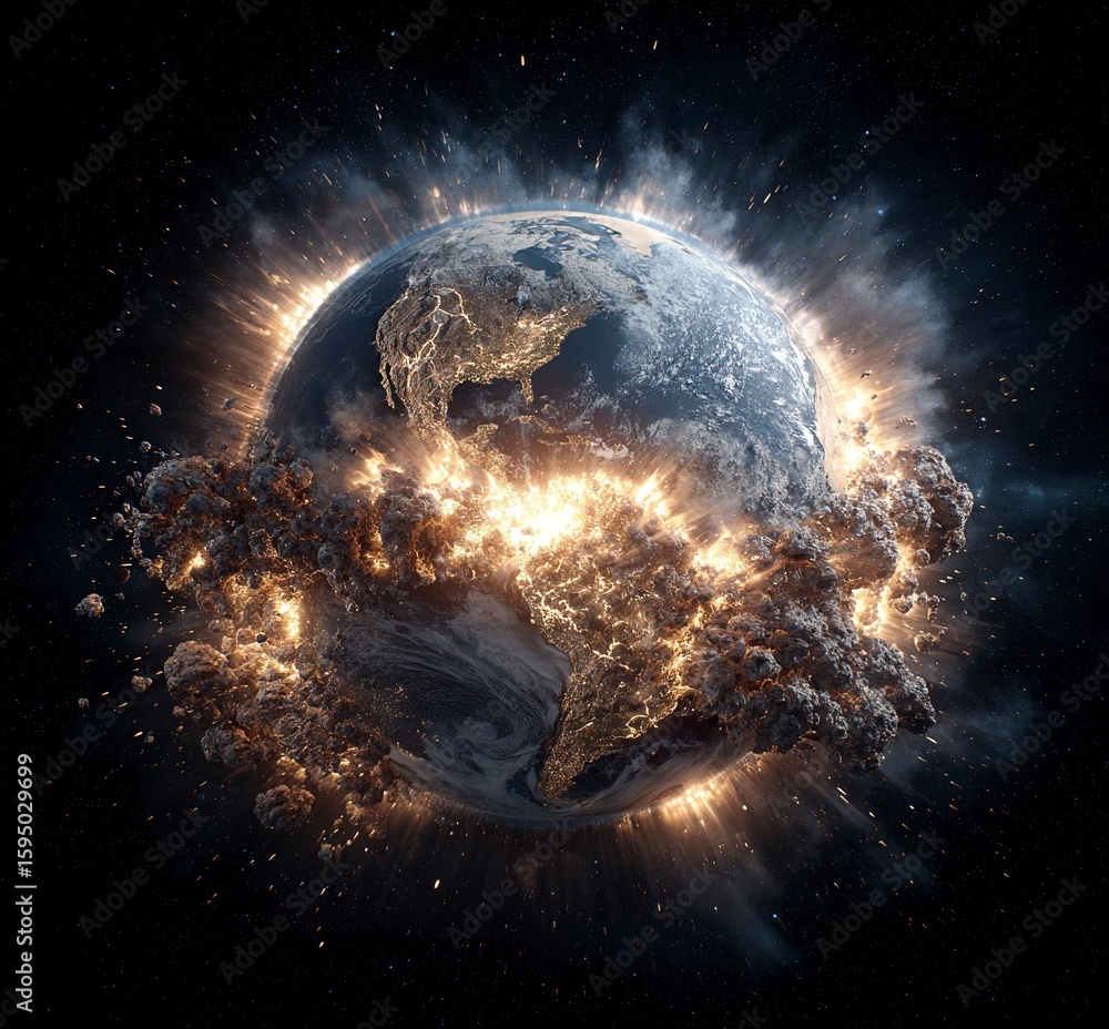 Poster the earth exploding in space, a stock photo, 3d rendering, hyper-realistic, high-resolution, high-de