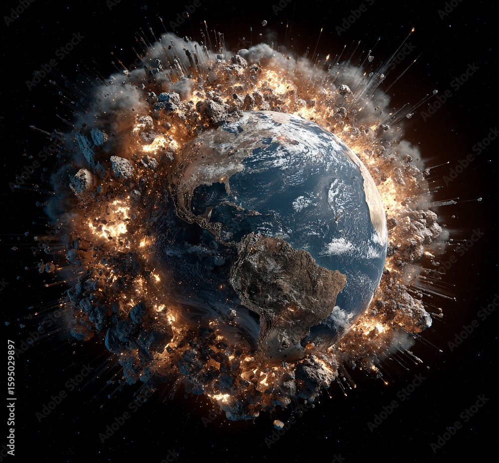 Poster the earth exploding in space, a stock photo, 3d rendering, hyper-realistic, high-resolution, high-de