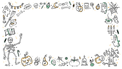 White Halloween border with doodle illustrations. Creative frame with hand drawn icons of pumpkin, ghost, skeleton, spider and other thematic elements. Vector graphic, template for banner, poster. 