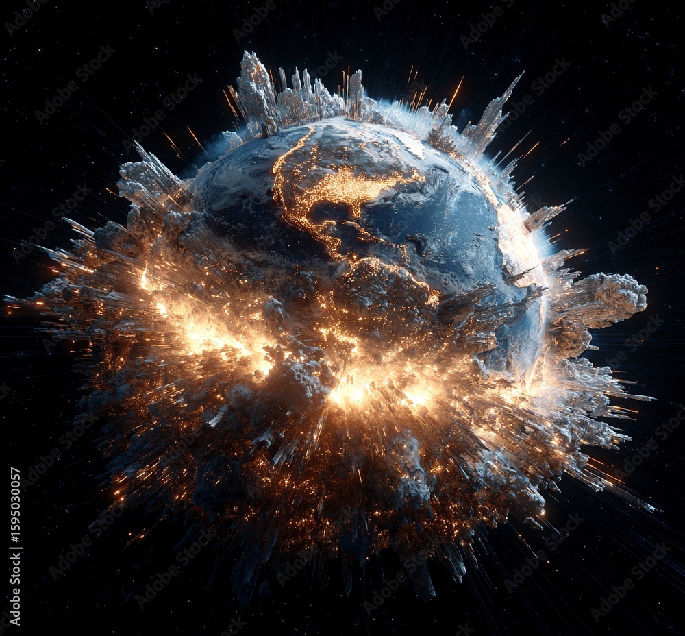 Poster the earth exploding in space, a stock photo, 3d rendering, hyper-realistic, high-resolution, high-de